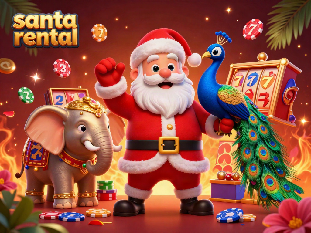 Experience the joy of santa rental in a vibrant casino scene with Santa Claus and exciting game elements.