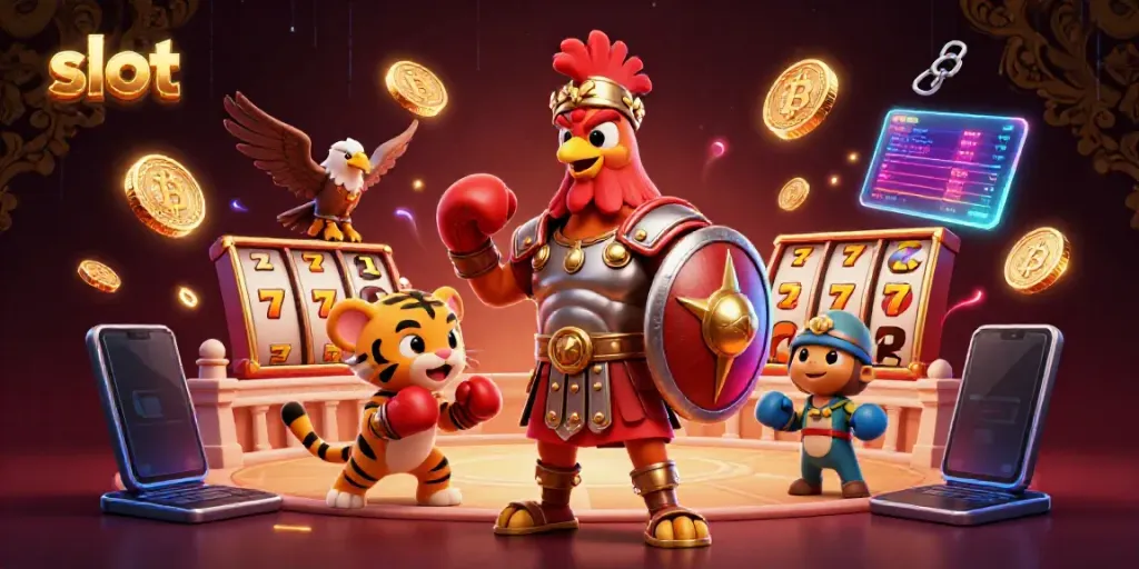 Experience the thrill of slot games with a gladiator rooster, tiger cub, and eagle set in a vibrant casino arena.
