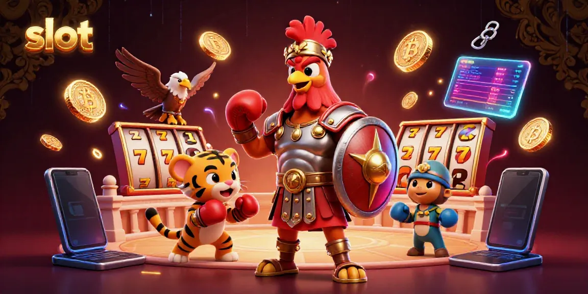 Experience the thrill of slot games with a gladiator rooster, tiger cub, and eagle set in a vibrant casino arena.