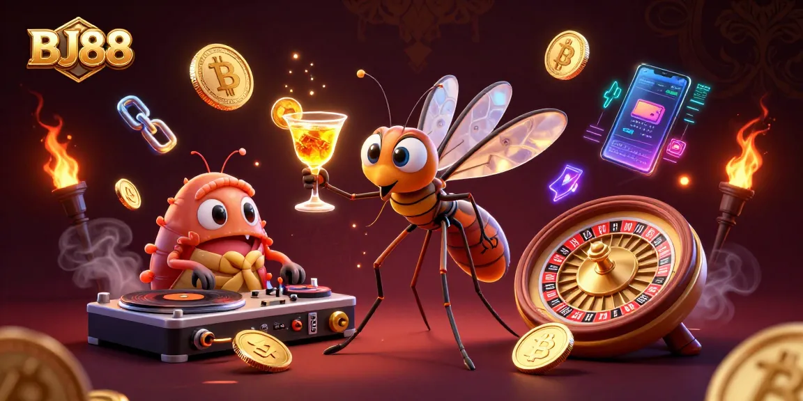 Experience casino excitement at BJ88 with a captivating scene of animated characters and crypto elements.