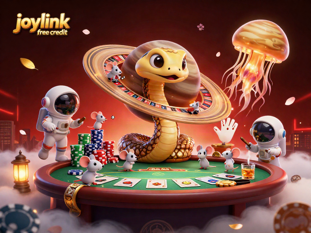 Engage with joylink free credit at a cosmic casino with snake roulette, mice betting, and vibrant game elements.
