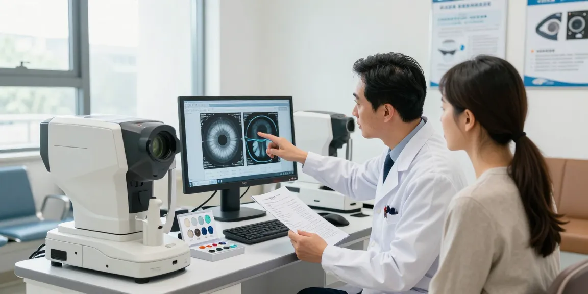 Ophthalmologist discussing 시력교정 options with patient in modern eye clinic.
