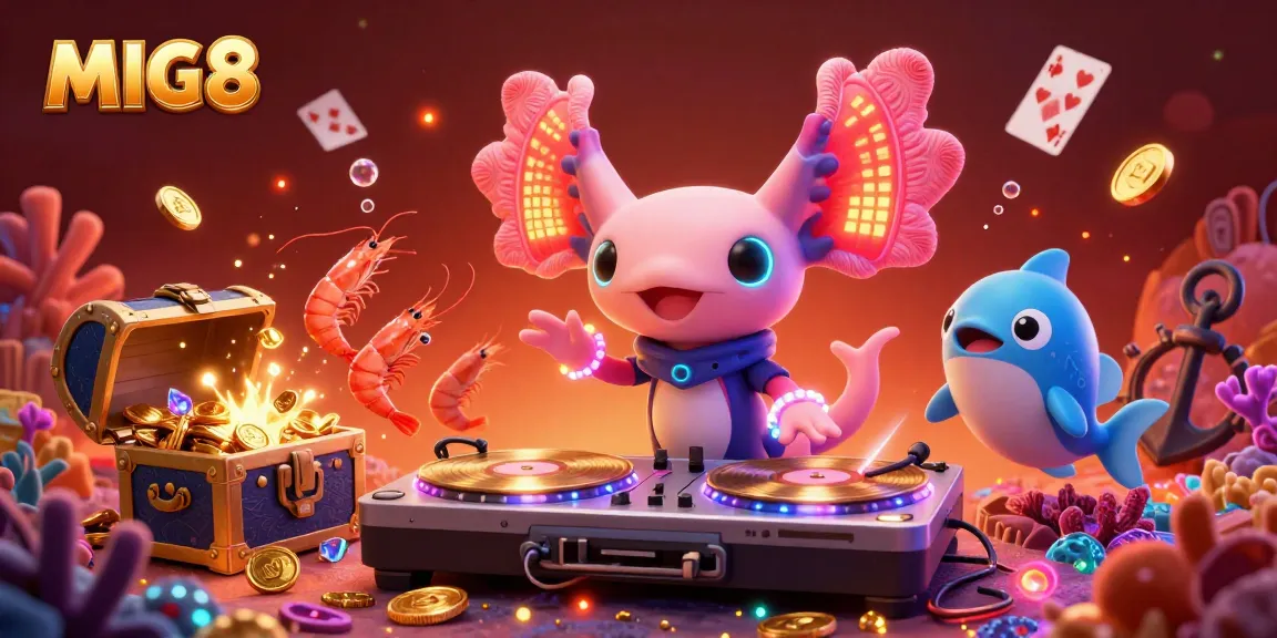 MIG8 showcases a vibrant underwater DJ party with casino-themed elements, highlighting a neon axolotl DJ.