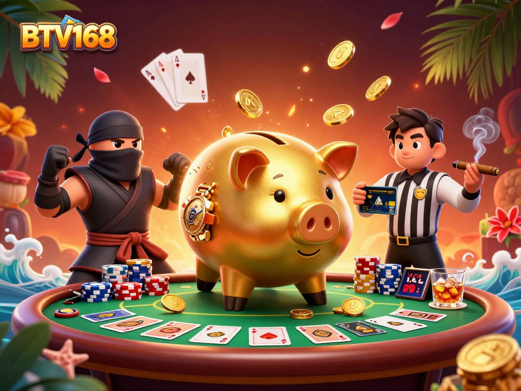 BTV168 showcases a vibrant, action-packed casino scene with a sumo piggy bank and dynamic gameplay elements.