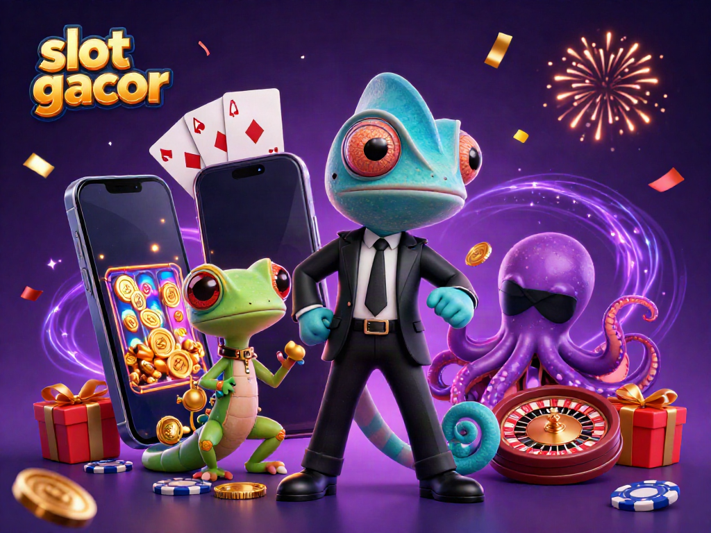 Engage with the thrilling slot gacor experience showcased through colorful characters and dynamic casino elements.