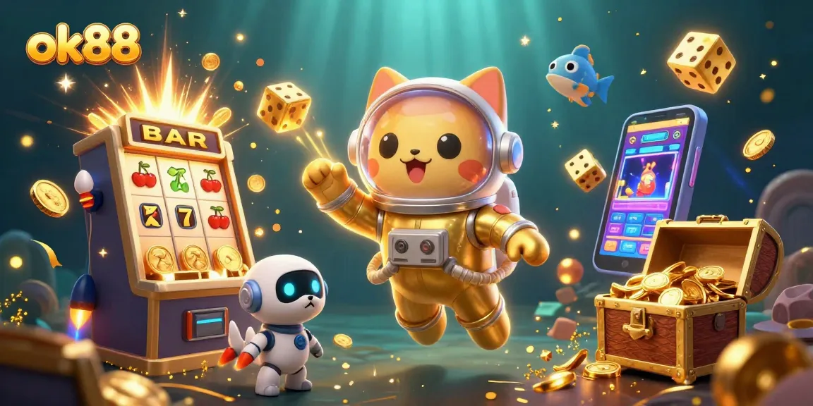 Experience excitement with ok88 as the astronaut cat spins the jackpot slot machine.