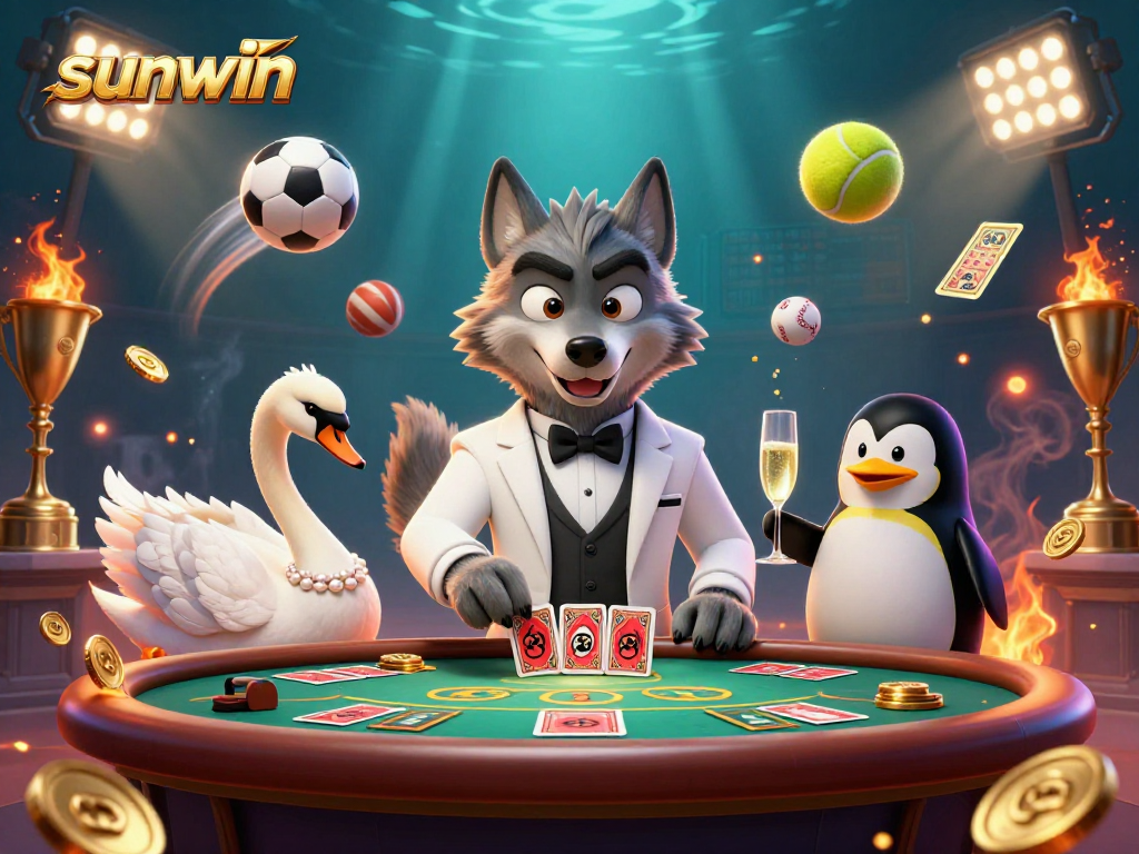 Experience the thrill of sunwin with a debonair wolf and elegant swan at a vibrant baccarat table.