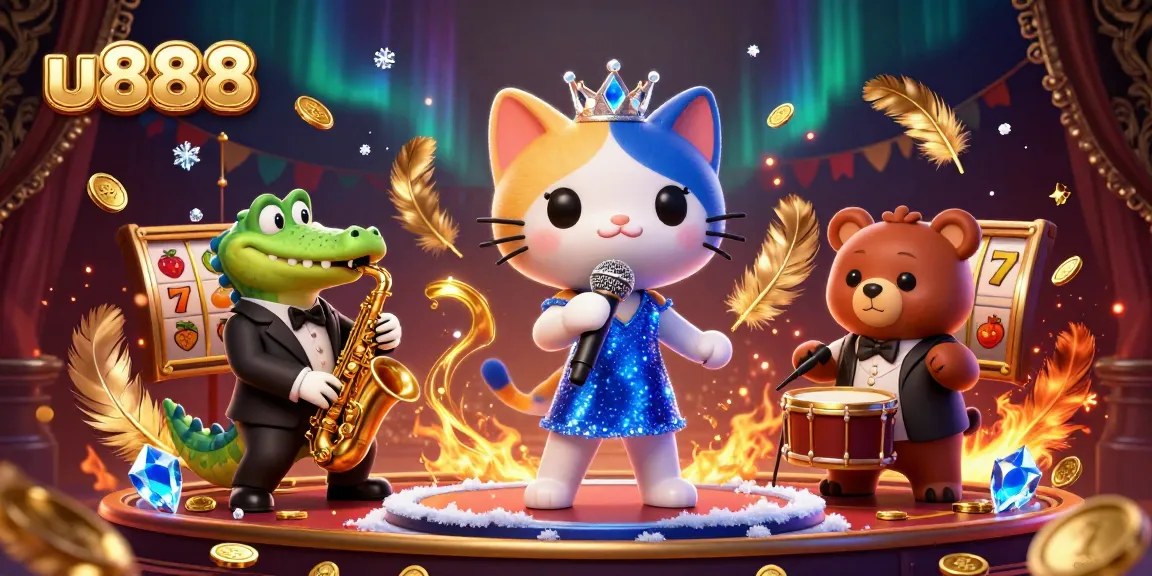 Join the excitement at u888 with a vibrant casino scene featuring a singing cat and jazzy crocodile.
