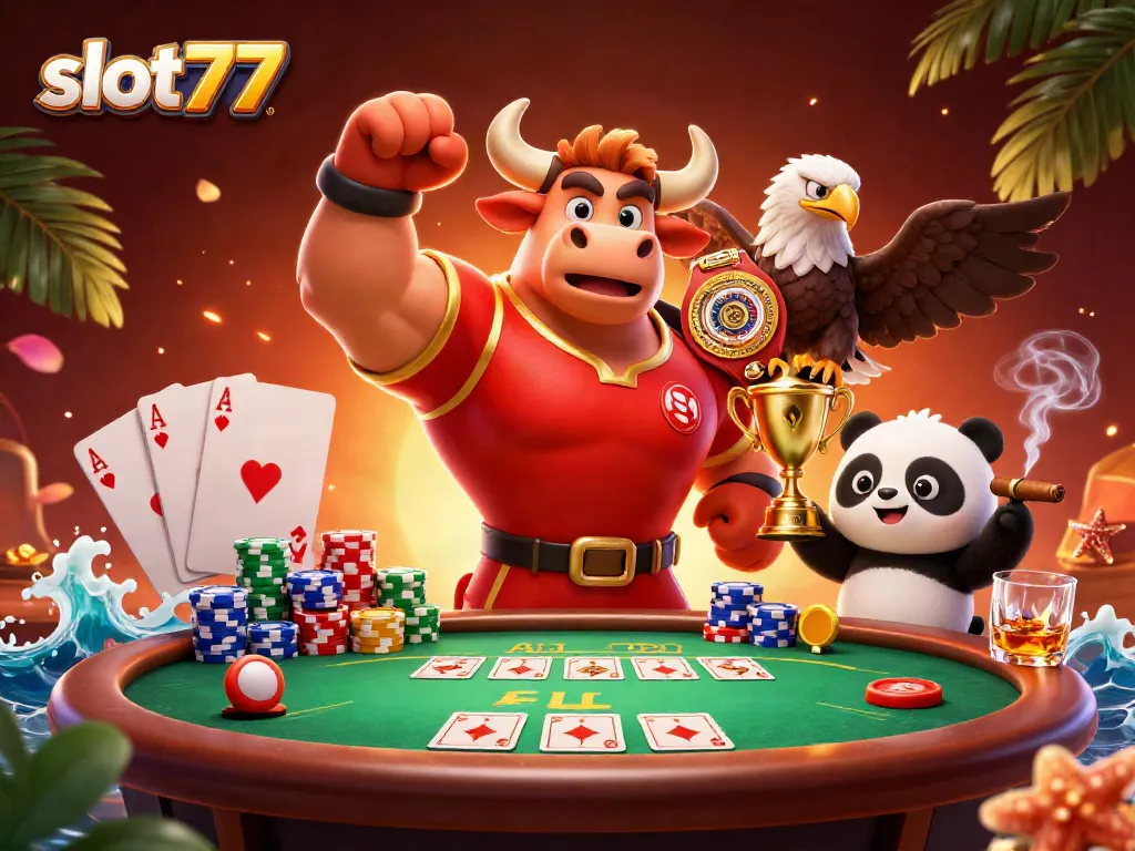 Memenangkan slot777 dengan ilustrasi pertandingan kasino penuh warna dan karakter menarik bermain poker.