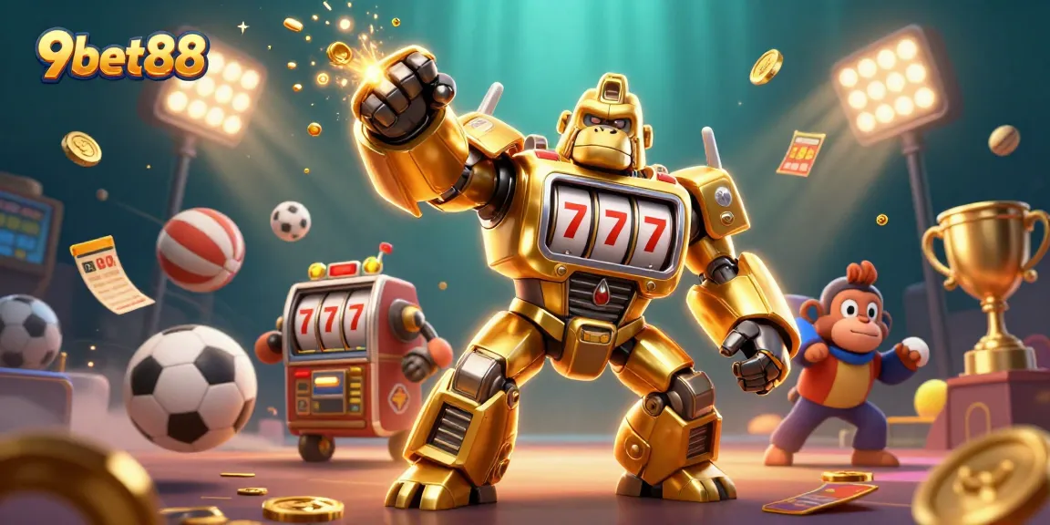 Experience the excitement of 9bet88 with a dynamic casino gaming scene featuring a gorilla mech and sports elements.
