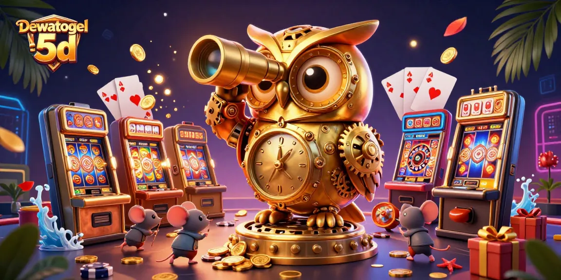 Dewatogel 5d showcases an elaborate casino scene featuring a golden owl and slot machines.