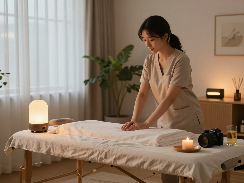 도봉구출장안마 in a relaxing home spa scene with massage therapist and soothing atmosphere.