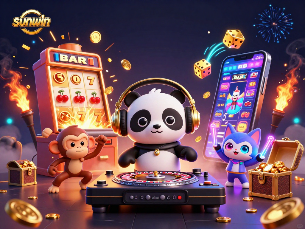 Spin to win big with sunwin in this vibrant 3D casino scene featuring animated characters.