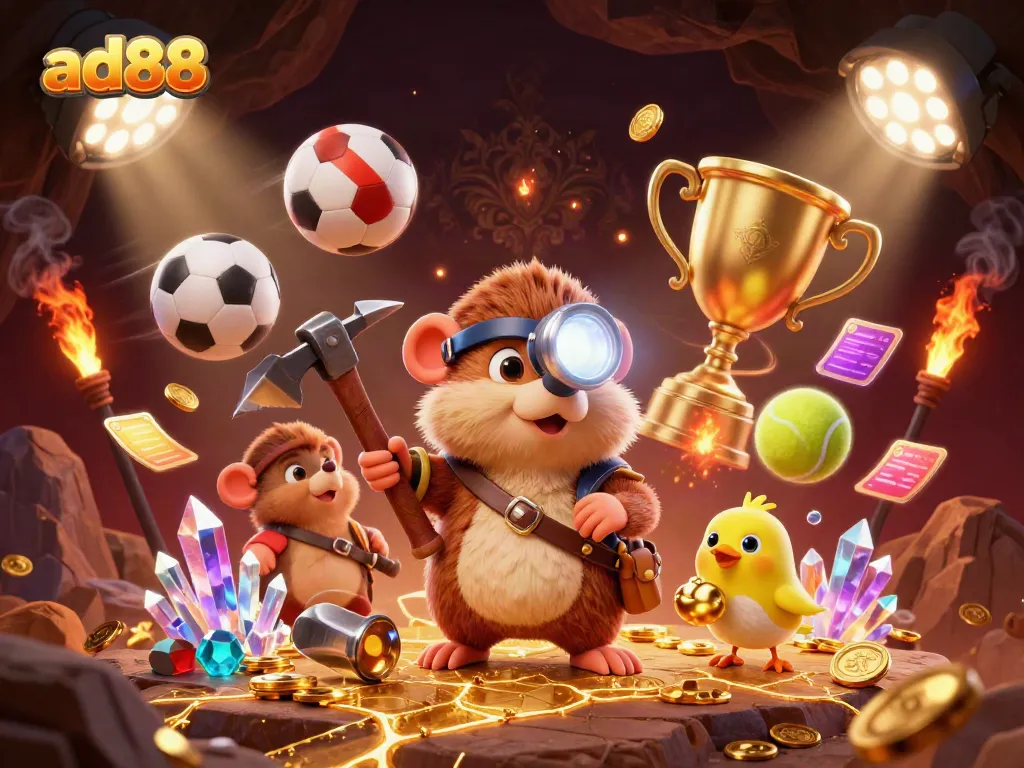 Experience thrilling gaming action with ad88's treasure hunter mole alongside dynamic sports elements.
