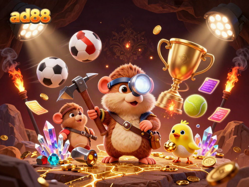 Experience thrilling gaming action with ad88's treasure hunter mole alongside dynamic sports elements.