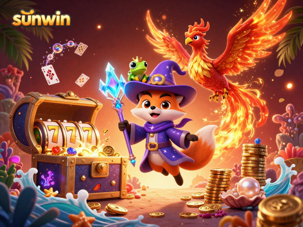 Experience the thrill of sunwin's slot games with a wizard fox and phoenix in a vibrant casino scene.