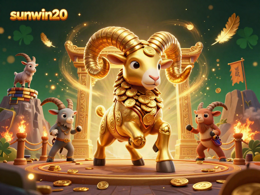 Experience thrilling action at sunwin20 with a golden ram charging through a captivating casino scene filled with vibrant games.