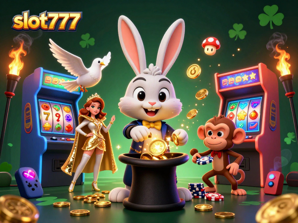 Engage with slot777 as the magician rabbit conjures golden coins amid vibrant casino game elements.