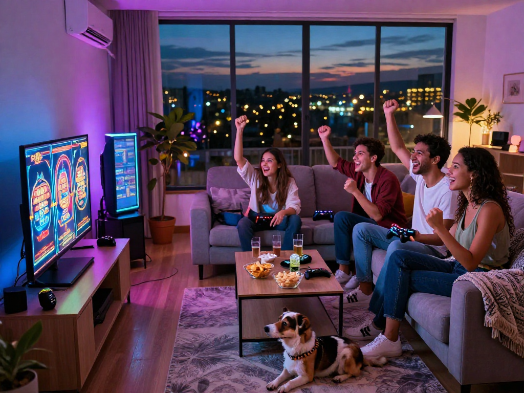 Friends enjoying an exciting slot gacor gaming night in a cozy modern living room.