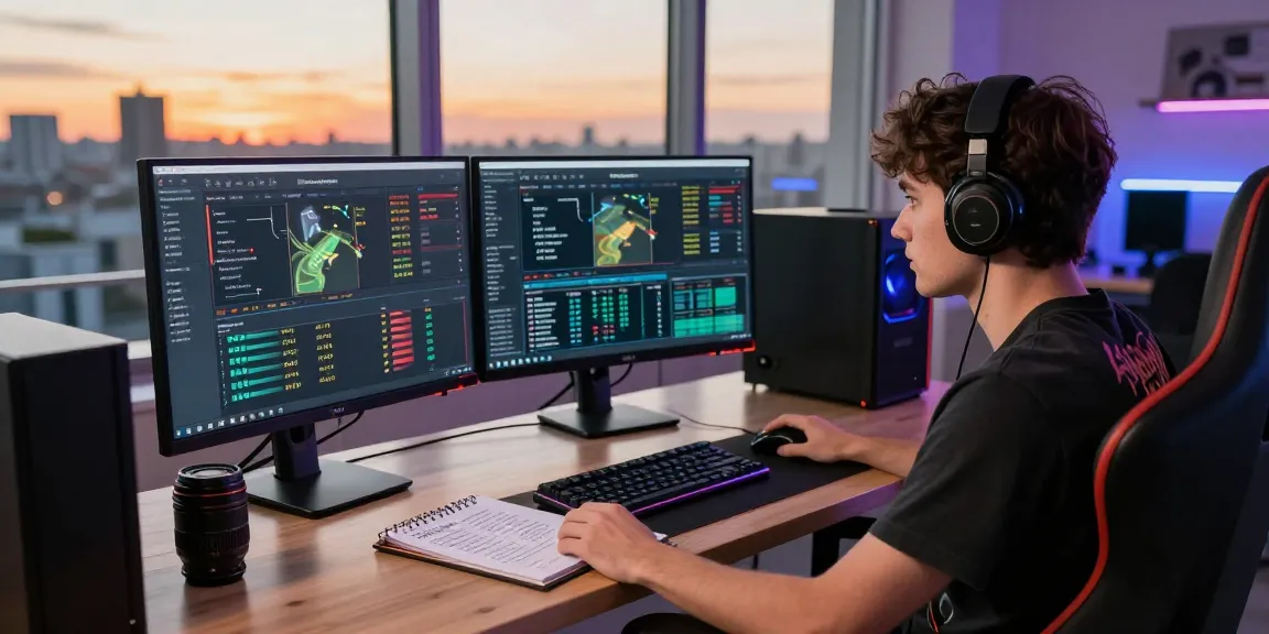 Focused gamer analyzing hearthstats net news statistics on dual monitors for impressive gameplay insights.