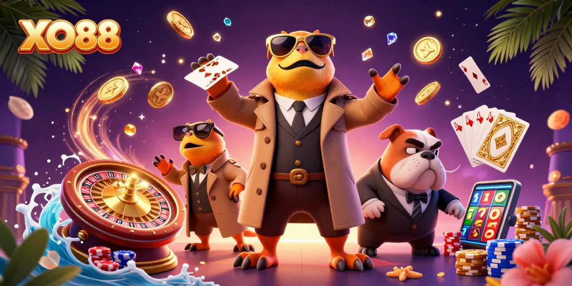 Experience the excitement of XO88 with raptors in a trench coat entering a VIP casino lounge filled with winning elements.