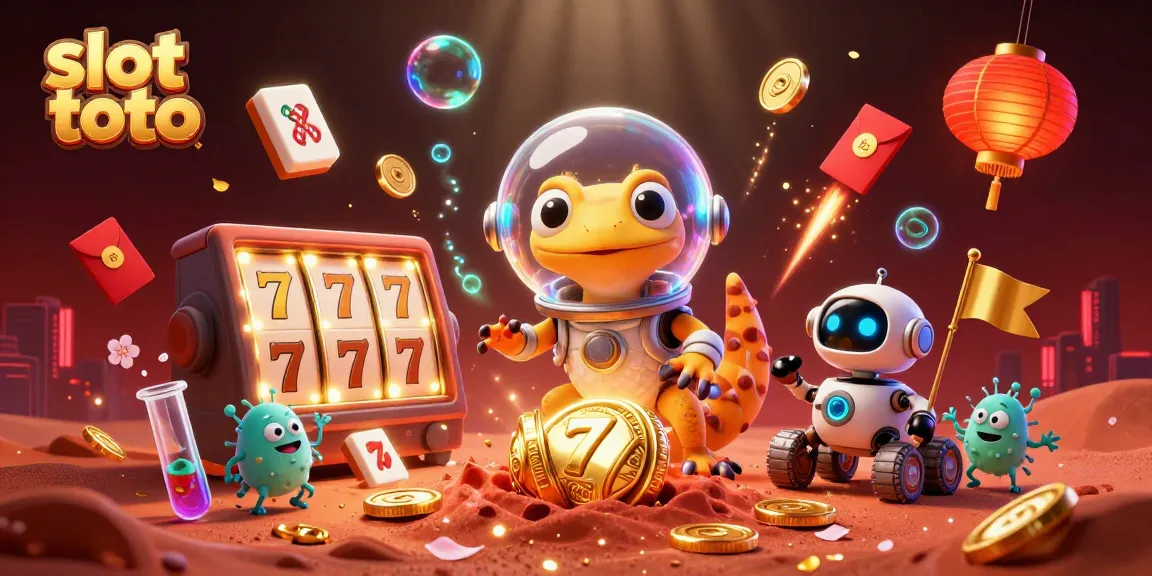 Experience the thrill of slot toto with a Martian gecko in a vibrant casino scene full of excitement.