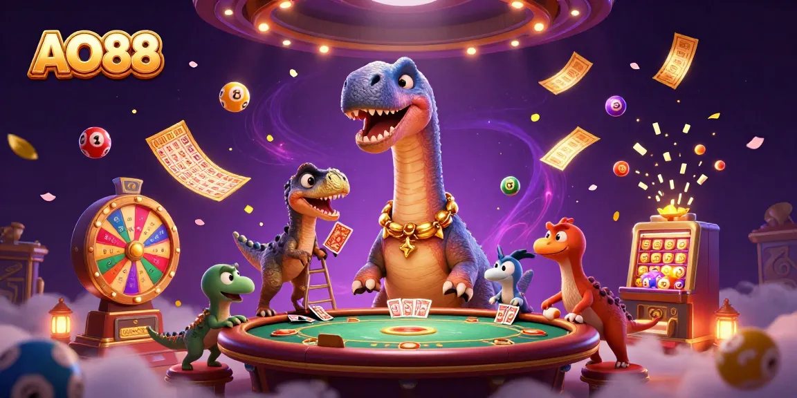 Engage with AO88 through a vibrant illustration featuring animated characters and exciting gaming elements.