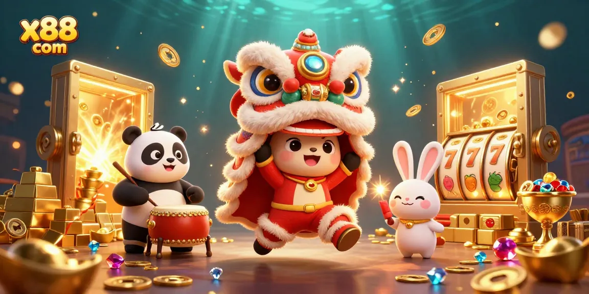 Experience the fun at x88 com with a vibrant lion dance and golden treasures.