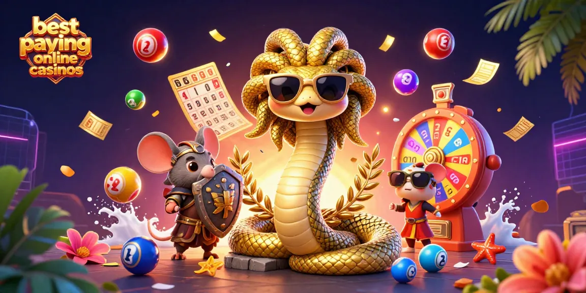 Experience excitement at the best paying online casinos with vibrant scene depicting Medusa, lottery balls, and prize wheel.