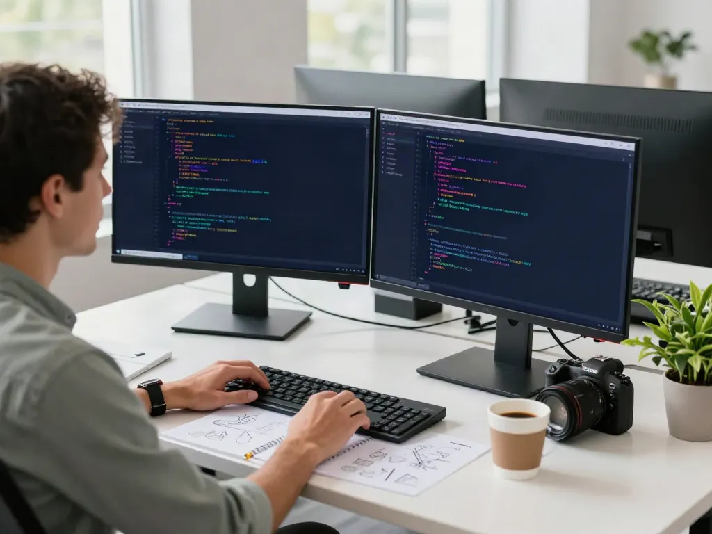 v2rayN官网 software development workspace with developer coding at a standing desk surrounded by monitors and notes.