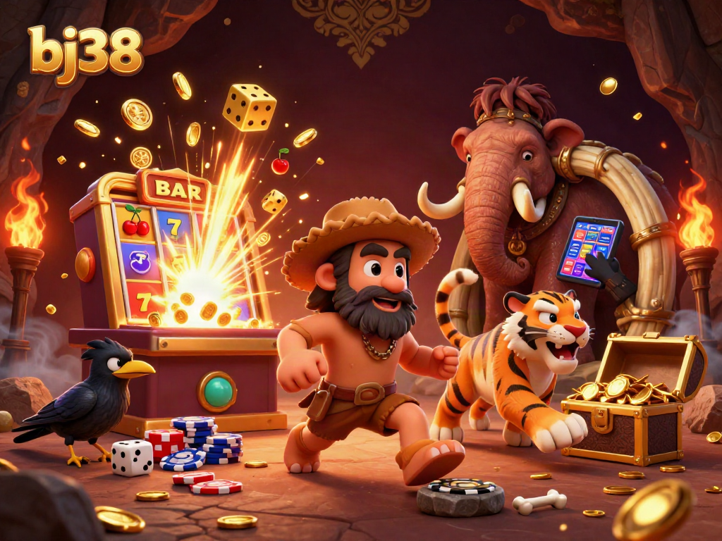 Engage in thrilling casino action with bj38's vibrant prehistoric casino partnership, featuring colorful elements.