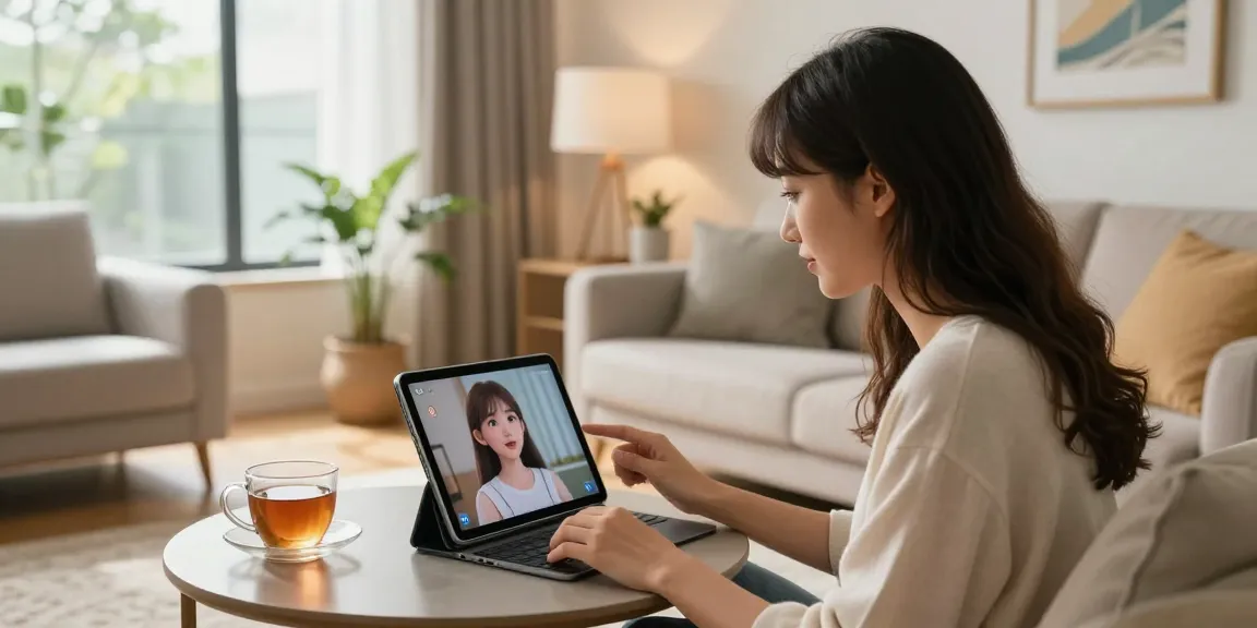 Engaging moment with an AI girlfriend on a tablet during cozy home interaction.