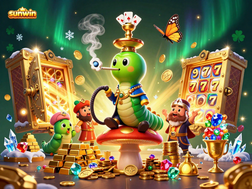 Unravel winning strategies at sunwin with a vibrant casino scene featuring slots, gems, and gold.
