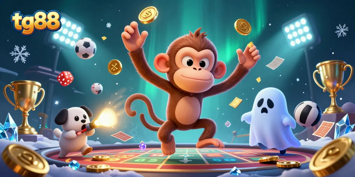 Experience thrilling gameplay at tg88 with a poltergeist monkey and ghost-hunter puppy in a lively casino scene.