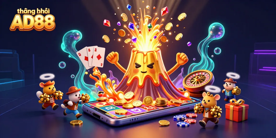 Engage with the thrilling world of thương hiệu AD88 featuring a mighty volcano of coins and treasure in a vibrant casino scene.