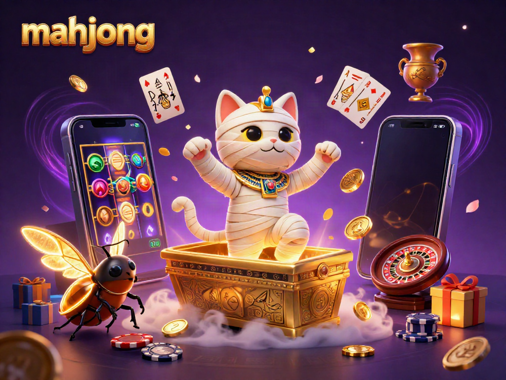 Experience mahjong excitement with a vibrant 3D scene showcasing a mummy cat and a scarab beetle amidst casino elements.