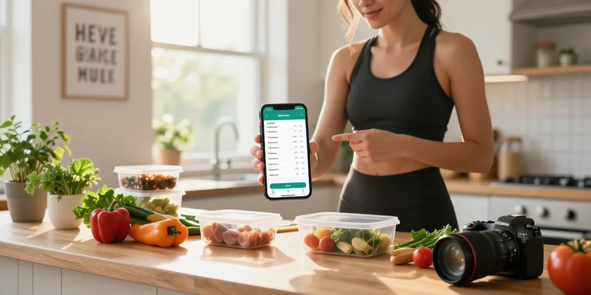 Using the best macro tracking app to measure nutritious ingredients in a modern kitchen.