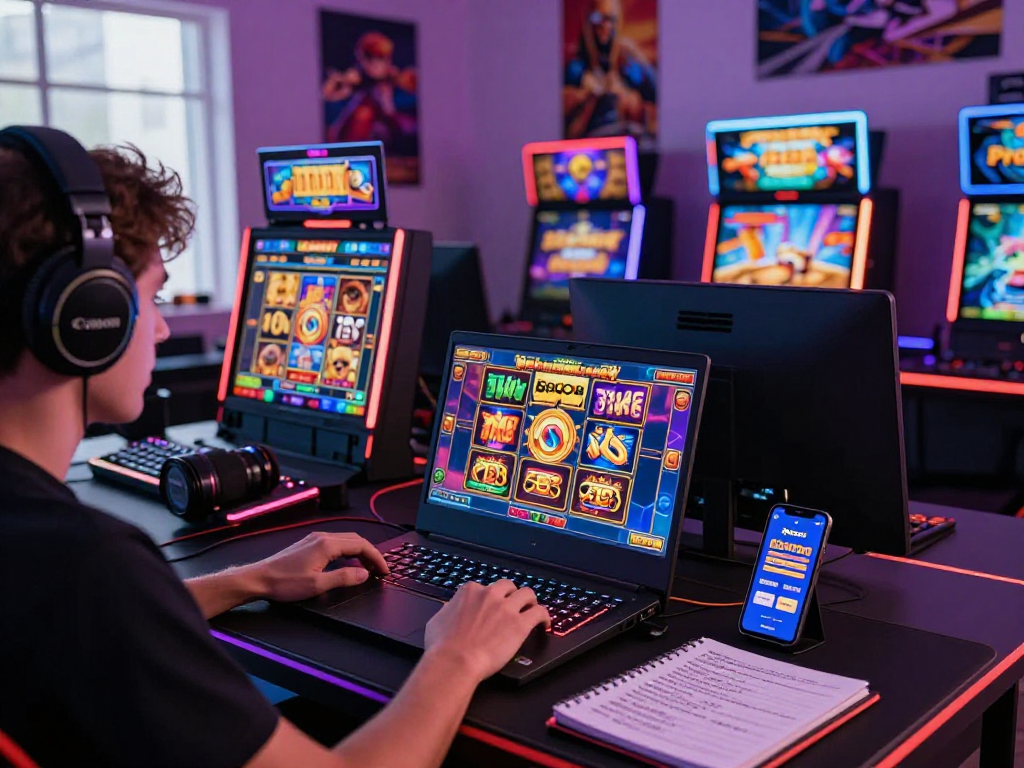 Engaging slot gacor gameplay scene with immersive gaming setup and colorful slot machines.