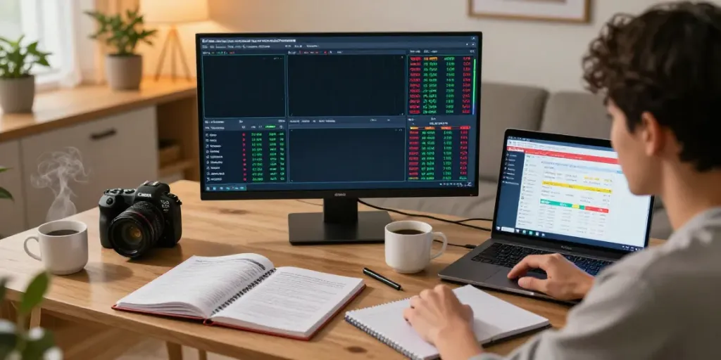 Engaged player analyzing togel online market trends in home office.