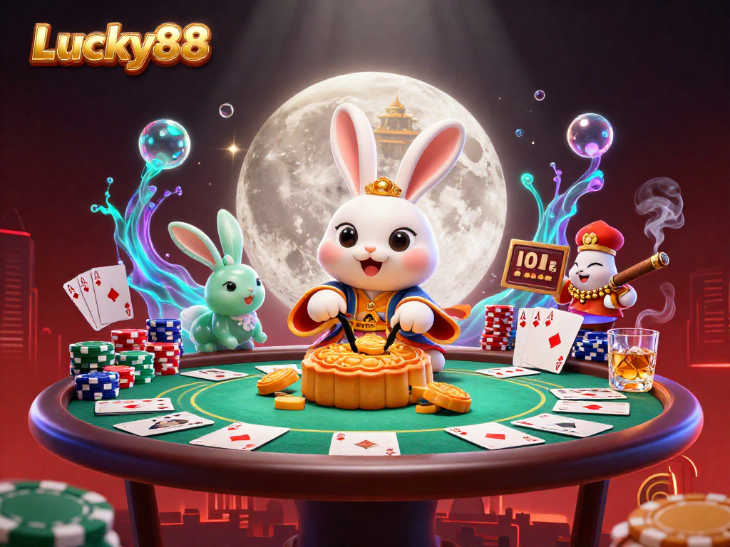 Engage in exciting poker action with Lucky88: interactive casino illustration featuring cartoon moon rabbits and vibrant game elements.