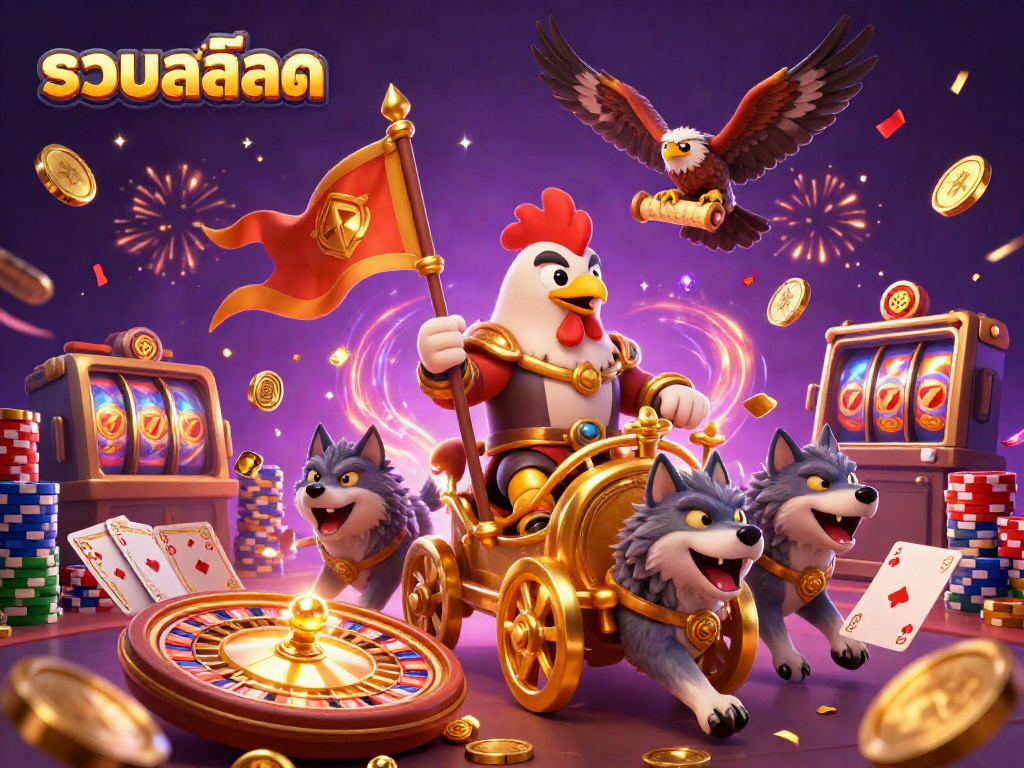 Cascade of golden coins and slot games showcasing the theme of รวมสล็อต in a vibrant casino scene.
