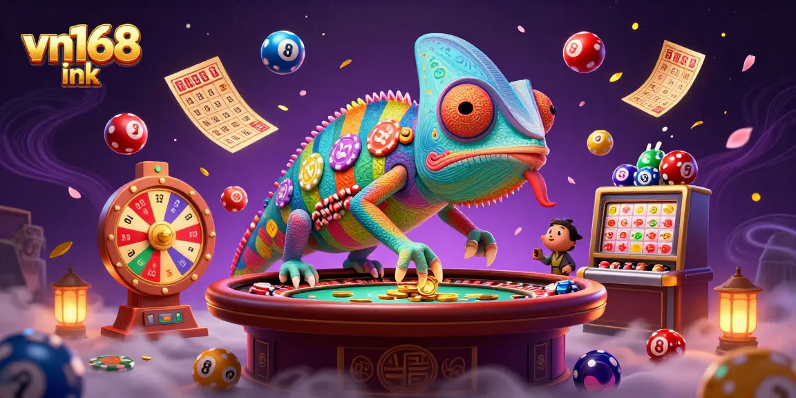 Bettors enjoy thrilling games at vn168 ink, where a chameleon casino owner collects golden coins amidst colorful lottery elements.