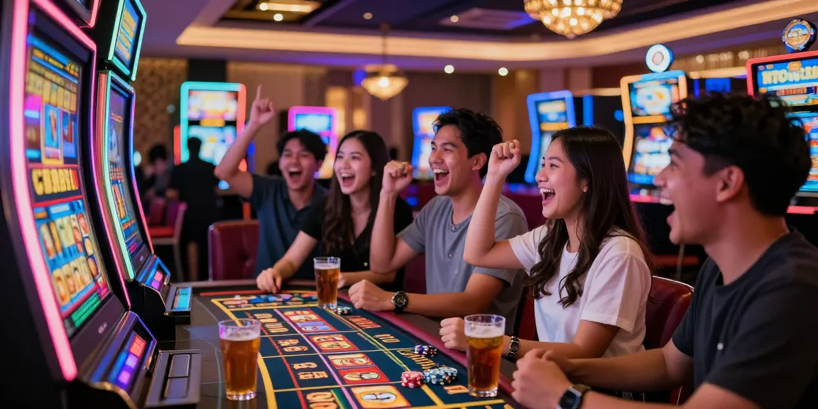 Friends celebrating near a slot gacor machine in a lively casino atmosphere.