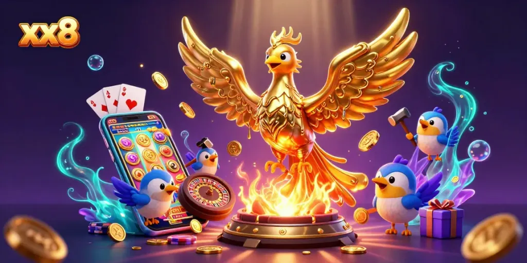 Win big at xx8 with a striking phoenix made of molten gold and exciting game elements.