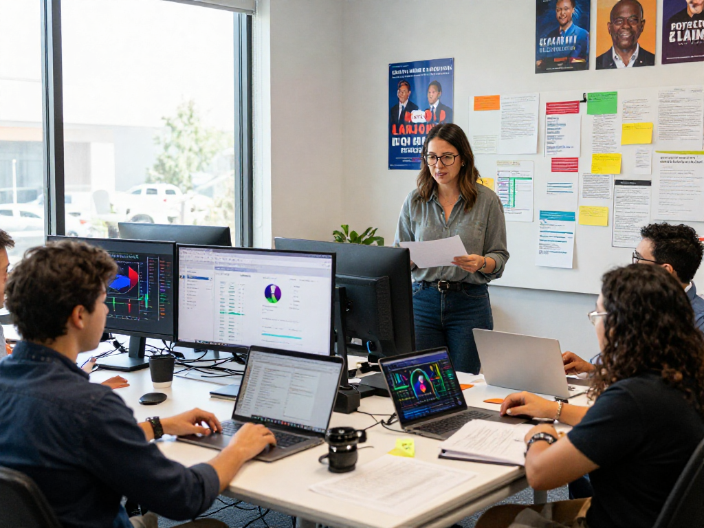 Engaging campaign manager team analyzing programmatic ads for campaigns in a modern workspace