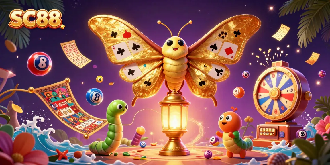 Win big with SC88 as cartoon moths dance among colorful lottery elements in this vibrant casino illustration.