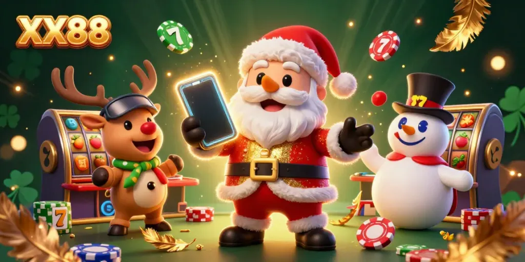Experience the festive excitement at XX88 casino with Santa and friends celebrating a jackpot!