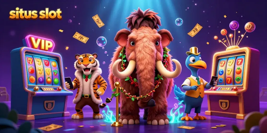 Exciting situs slot adventure with a casino bouncer, VIP tiger guest, and lively game elements.