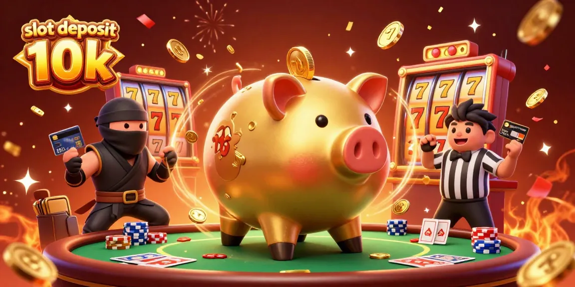 Engage with slot deposit 10k in a vibrant casino scene with energetic characters, confetti, and slot reels.