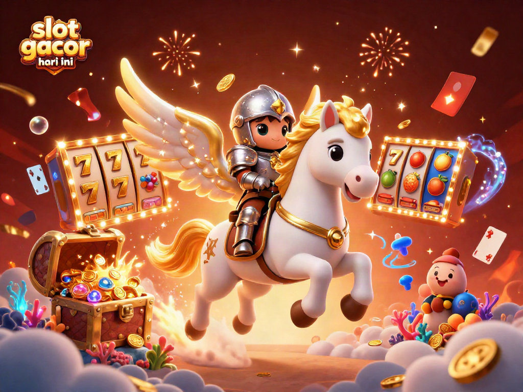 Engage with slot gacor hari ini in this vibrant 3D illustration of a winning fantasy, featuring spinning slot reels.